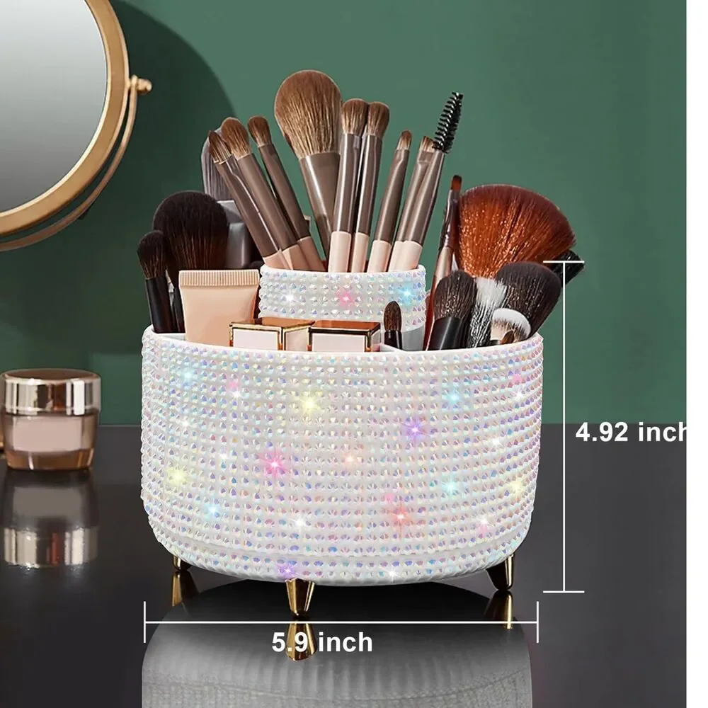 Diesisa 5Slot Makeup Brush Diamond White Cup 360° Rotating Makeup Brush Holder